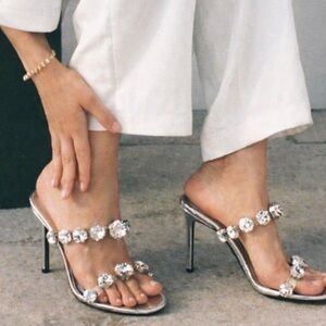 💎Zara Rhinestones Crystals Embellished Mules Silver Heels US Sz 11/ EU  42